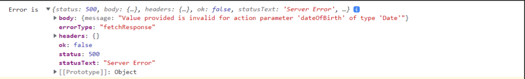 Value provided is invalid for action parameter 'dateOfBirth' of type 'Date